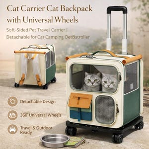 May include: A cream and green cat carrier backpack with universal wheels. The carrier has a clear window, a handle, and a detachable design. The carrier is designed for travel and outdoor use. The carrier has a metal bowl and a map.