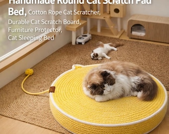 Cuccia/tappetino tiragraffi rotondo fatto a mano, in corda di cotone, resistente, ideale come protezione per mobili o come letto per gatti.