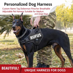 Może przedstawiać: Czarny pies w spersonalizowanej uprzęży z imieniem "RUFUS" na białej naszywce. Uprząż jest czarna z białymi przeszyciami i regulowanymi paskami. U góry napis "Spersonalizowana uprząż dla psa".