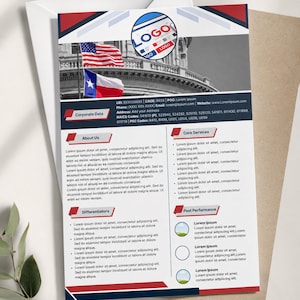 May include: A business flyer with a grayscale image of a building and the American and Texas flags. The flyer has a red, white, and blue color scheme, with the company logo in a circle at the top. Text includes "Corporate Data", "About Us", and "Core Services".