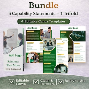 May include: A promotional graphic for the GovCon Starter Bundle, featuring 3 Capability Statements and 1 Trifold. The design includes editable Canva templates with a green and white color scheme. Text includes "Solutions That Move You Forward."