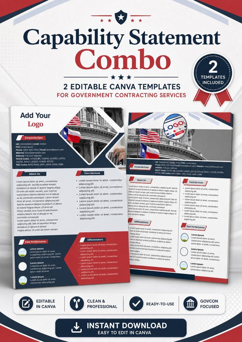 May include: A red and navy blue Capability Statement Combo template for government contracting services. The design includes editable Canva templates, with sections for corporate data, core services, and past performance. Includes the text "Instant Download".