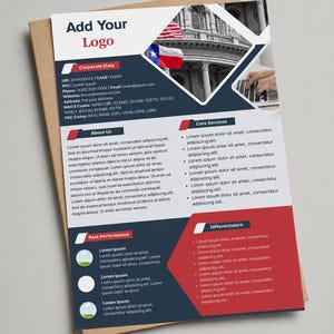 May include: A business flyer with a white background and red and blue accents. The flyer includes the text "Add Your Logo" at the top, along with sections for corporate data, core services, and differentiators. The flyer also features the American and Texas flags.