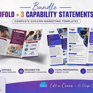 May include: A bundle of marketing templates includes a trifold brochure and three capability statements. The templates are designed for government contractors and are editable in Canva. The design features purple and blue accents with images of people working.