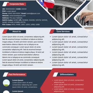 May include: A business flyer template with a patriotic theme, featuring the American and Texas flags, a building, and a person using a laptop. The flyer includes sections for corporate data, core services, and past performance, with placeholder text.