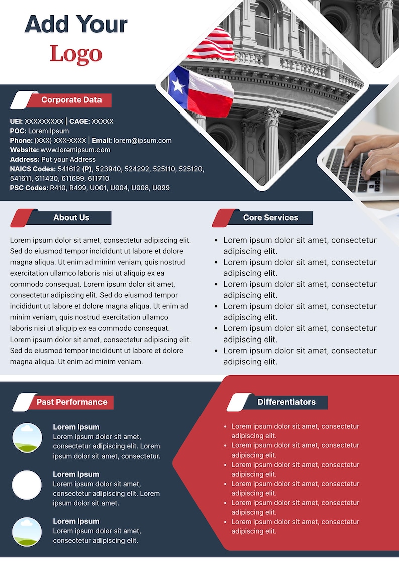 May include: A business flyer template with a patriotic theme, featuring the American and Texas flags, a building, and a person using a laptop. The flyer includes sections for corporate data, core services, and past performance, with placeholder text.