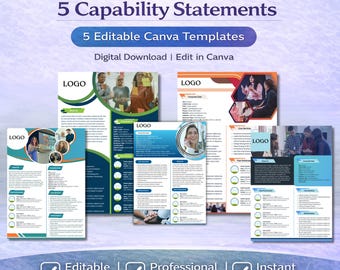 Capability Statement Template Bundle | 5 Canva Editable Designs | Company Profile One-Page | Qualification Sheet | Instant Download