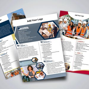 Peut inclure: Trois flyers avec le texte "Add Your Logo" en haut. Les flyers présentent des images d'ouvriers du bâtiment et de plans. Les flyers contiennent des informations sur la construction, la gestion des installations et les services d'ingénierie.