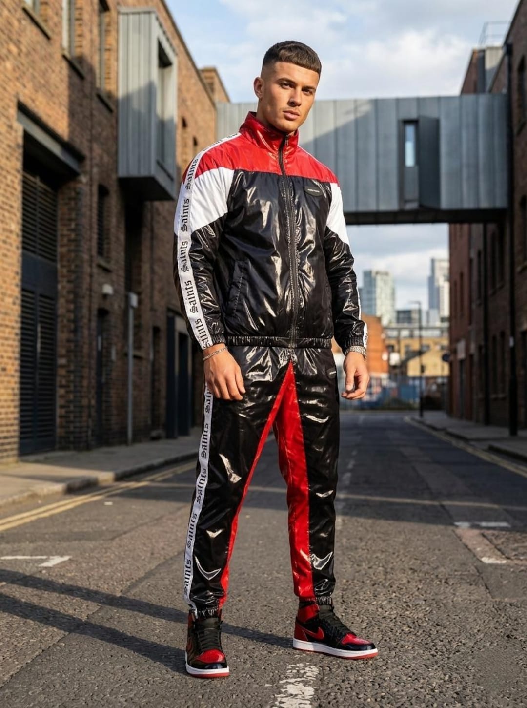 Men's Color Block Tracksuit Set, Black Red White Athletic Outfit, Zip ...