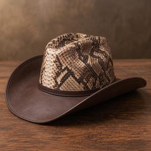 Puede incluir: Un sombrero de vaquero con una copa de patrón de piel de serpiente en tonos beige y marrón oscuro, y un ala de color marrón oscuro sólido. El sombrero incluye una banda fina de color marrón oscuro que rodea la base de la copa.