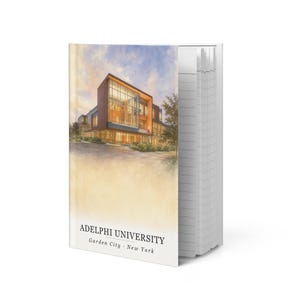 May include: A hardcover notebook featuring a printed illustration of a modern building on the front cover. The text Adelphi University Garden City New York is printed at the bottom. The notebook has white lined pages visible on the right side.