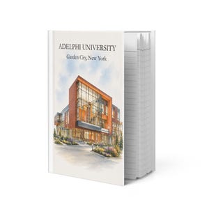 May include: A notebook with a watercolor illustration of Adelphi University's Garden City, New York campus. The cover features the university's name and location. The notebook has lined pages and a white binding.