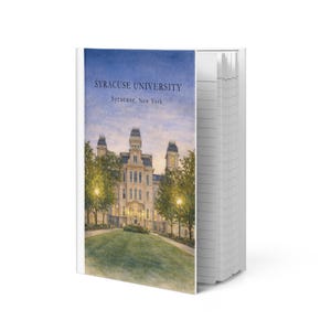May include: A notebook featuring a watercolor illustration of Syracuse University's Hall of Languages. The cover displays the text "SYRACUSE UNIVERSITY Syracuse, New York" above the image of the building, trees, and a grassy lawn.