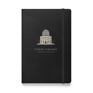 May include: Black notebook with the Union College logo and text. The logo is a detailed illustration of a building with a domed roof. The text reads "UNION COLLEGE Schenectady, New York". A black elastic band secures the notebook.