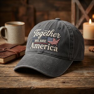 May include: A gray baseball cap with the text "Together We Are America" embroidered on the front, along with an American flag design. The cap is sitting on a wooden surface, with a mug and a book in the background.