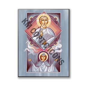 May include: An icon print featuring two religious figures. The top figure is depicted with a halo, holding a book, and wearing white robes. The bottom figure, also with a halo, is in white robes with outstretched arms. The background is a light blue.
