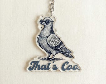 That's Coo Vintage Pigeon Keychain, Funny Bird Pun Keyring, Quirky Retro Bag Charm, Animal Lover Gift, Humorous Dad Joke Accessory