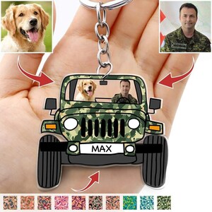 Puede incluir: Un llavero personalizado con un jeep con estampado de camuflaje con una foto de un golden retriever y un hombre en su interior. El llavero incluye el nombre "MAX" en la parte delantera y una foto de un perro y un hombre. El llavero est&aacute; sujeto a una cadena plateada.