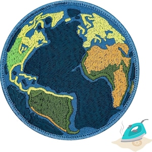 May include: A round, embroidered patch depicting a stylized map of the Earth. The continents are rendered in shades of green, yellow, and orange against a blue ocean background. The patch has a blue border and is shown with a teal iron.