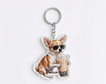 Funny Chihuahua Drinking Iced Coffee Keychain | Cute Dog Bag Charm | Chihuahua Mom Gift, Coffee Lover Backpack Accessory
