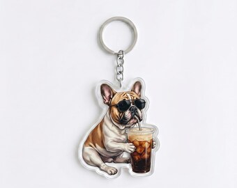 Funny English Bulldog Drinking Iced Coffee Keychain | Cute Dog Bag Charm | Bulldog Mom Gift, Coffee Lover Backpack Accessory