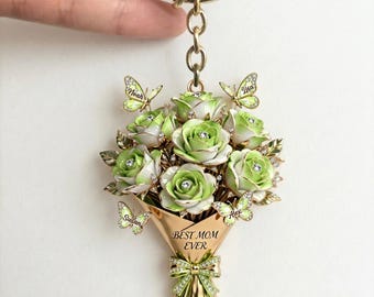 Personalized Butterfly Flower Keychain, Custom Mother's Day Keyring, Floral Mom Gift from Daughter, Custom Name Grandma Bag Charm