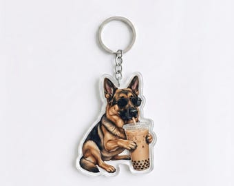 Funny German Shepherd Drinking Iced Coffee Keychain | Cute GSD Bag Charm | Dog Mom Gift, Coffee Lover Backpack Accessory