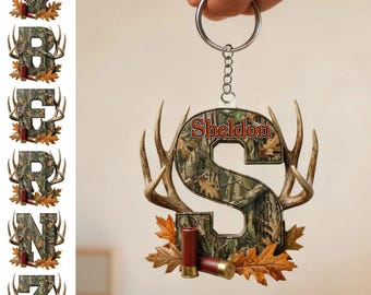 Personalized Hunting Initial Keychain, Custom Monogram Acrylic Keyring, Hunter Gift for Him, Outdoorsman Bag Charm, Father's Day Gift