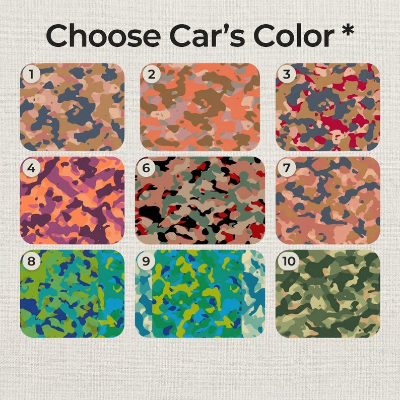 Puede incluir: Imagen que muestra diez patrones de camuflaje en diferentes combinaciones de colores para un coche. El texto "Choose Car's Color" est&aacute; en la parte superior. Los patrones incluyen combinaciones de marr&oacute;n, naranja, verde, azul y morado, numerados del 1 al 10.