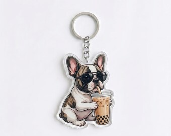 Funny French Bulldog Drinking Milk Tea Keychain | Cute Frenchie Boba Bag Charm | Dog Mom Gift, Bubble Tea Lover Backpack Accessory