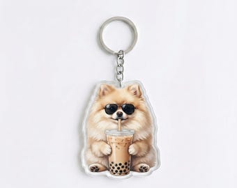 Funny Pomeranian Drinking Iced Coffee Keychain | Cute Pom Bag Charm | Pomeranian Mom Gift, Coffee Lover Backpack Accessory