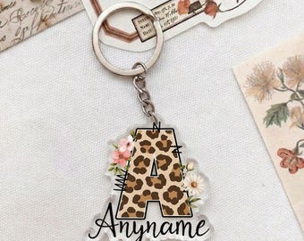 Personalized Leopard Print Name Keychain, Custom Cheetah Keyring, Animal Print Bag Charm, Boho Western Gift for Her, Bridesmaid Favor