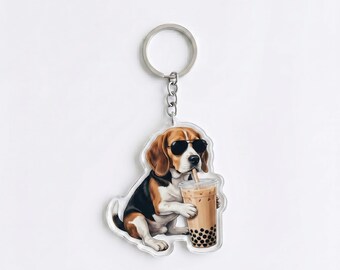 Funny Beagle Drinking Iced Coffee Keychain | Cute Dog Bag Charm | Beagle Mom Gift, Coffee Lover Backpack Accessory
