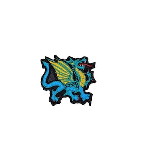 May include: Embroidered patch featuring a blue dragon with yellow wings and a red tongue. The dragon is set against a black background with a black border. This patch is suitable for jackets, bags, or other fabric items.