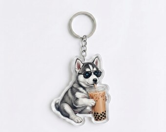 Funny Siberian Husky Drinking Iced Coffee Keychain | Cute Husky Bag Charm | Husky Mom Gift, Coffee Lover Backpack Accessory