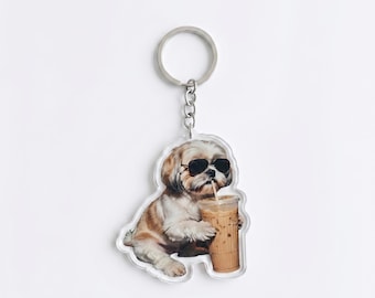 Funny Shih Tzu Iced Coffee Keychain, Cute Dog Mom Bag Charm, Caffeine and Puppy Lover Keyring, Coffee Addict Gift, Dog Backpack Accessory