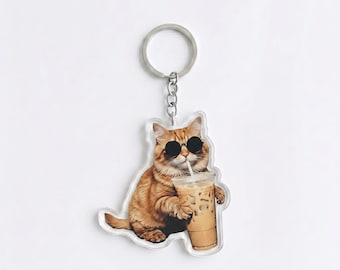 Funny Cool Cat Drinking Iced Coffee Keychain | Cute Kitten Bag Charm | Cat Lover Gift, Coffee Addict Backpack Accessory