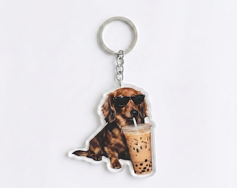 Funny Dachshund Drinking Iced Coffee Keychain | Cute Wiener Dog Bag Charm | Doxie Mom Gift, Dog Lover Backpack Accessory