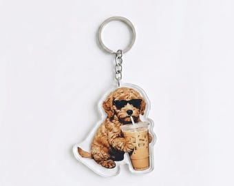 Funny Goldendoodle Drinking Iced Coffee Keychain | Cute Doodle Bag Charm | Doodle Mom Gift, Coffee Lover Backpack Accessory