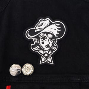 Cowgirl Tattoo Patch, Traditional Flash Art Iron On Applique, Denim Jacket Badge