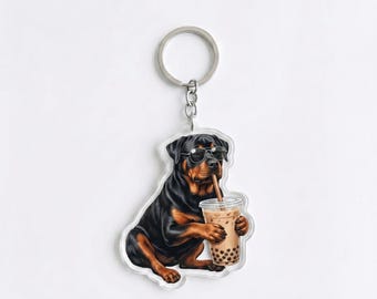 Funny Rottweiler Drinking Iced Coffee Keychain | Cute Rottie Bag Charm | Dog Mom Gift, Coffee Lover Backpack Accessory