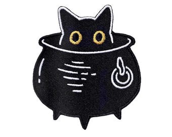 Cauldron Cat Patch, Witchy Black Cat Iron On Applique, Magic Potion Sew On Badge, Whimsigoth Kitten Jacket Decal