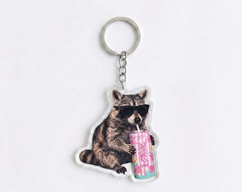 Funny Raccoon Cotton Candy Drink Keychain | Cute Trash Panda Bag Charm | Sweet Treat Backpack Accessory, Animal Lover Gift