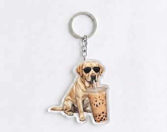 Funny Labrador Retriever Drinking Iced Coffee Keychain | Cute Lab Bag Charm | Lab Mom Gift, Coffee Lover Backpack Accessory