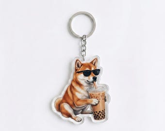 Funny Shiba Inu Drinking Iced Coffee Keychain | Cute Doge Bag Charm | Shiba Mom Gift, Coffee Lover Backpack Accessory