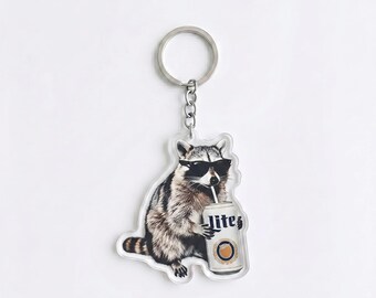 Funny Raccoon Lite Beer Keychain | Trash Panda Drinking Beer Bag Charm | Meme Backpack Accessory, Humor Beer Lover Gift