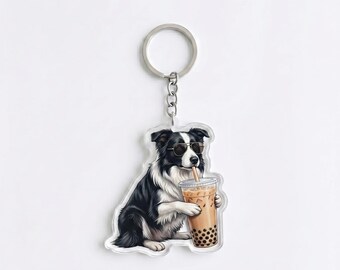 Funny Border Collie Drinking Iced Coffee Keychain | Cute Dog Bag Charm | Border Collie Mom Gift, Coffee Lover Backpack Accessory