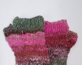 Randomly Striped Knitted Pink, Green and Brown Hand Warmers