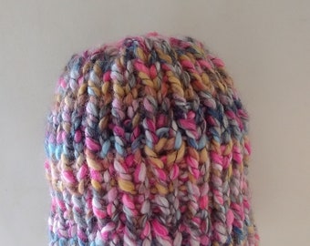 Knitted Pink and Blue Bulky Beanie