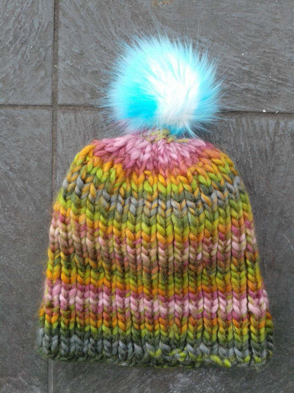 Pink and Green Ribbed Beanie